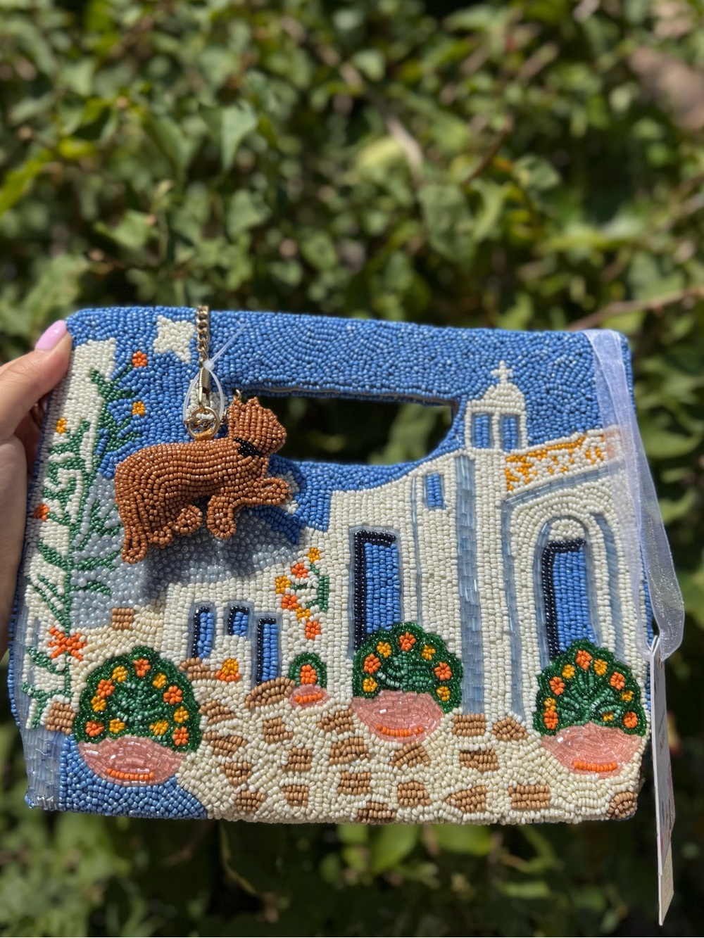 NWT Made in India Greece Santorini European Summer Beaded Top Handle Bag w Charm